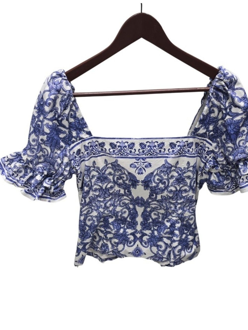 Old Money Porcelain Print Puff Sleeve Square Neck Blouse Blue White Sz 12 - Picture 3 of 9